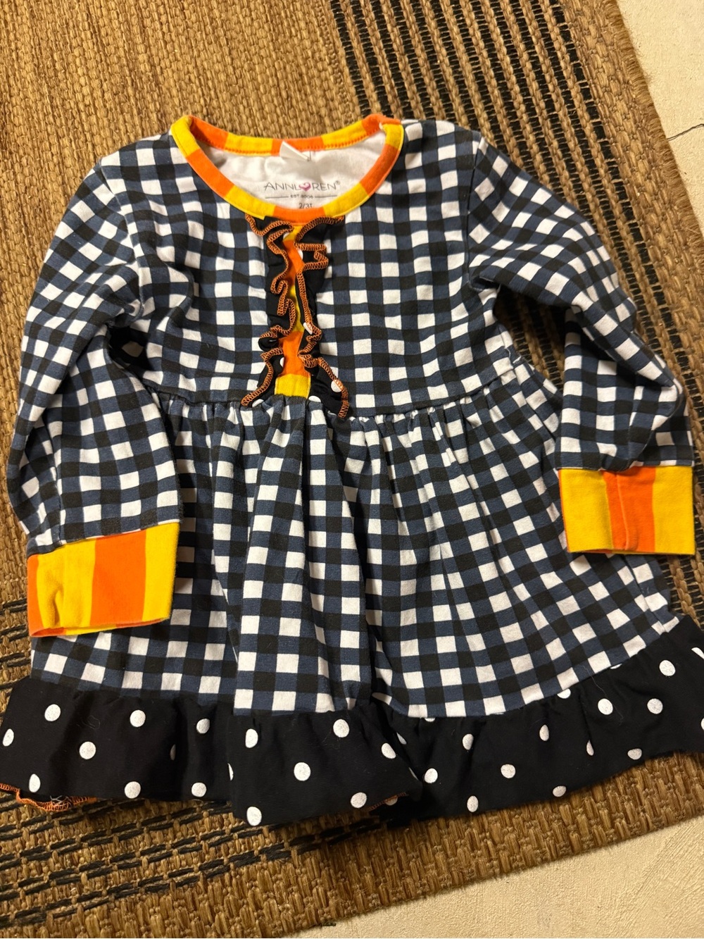 Ann Loren Navy and White Gingham Dress with Orange Trim